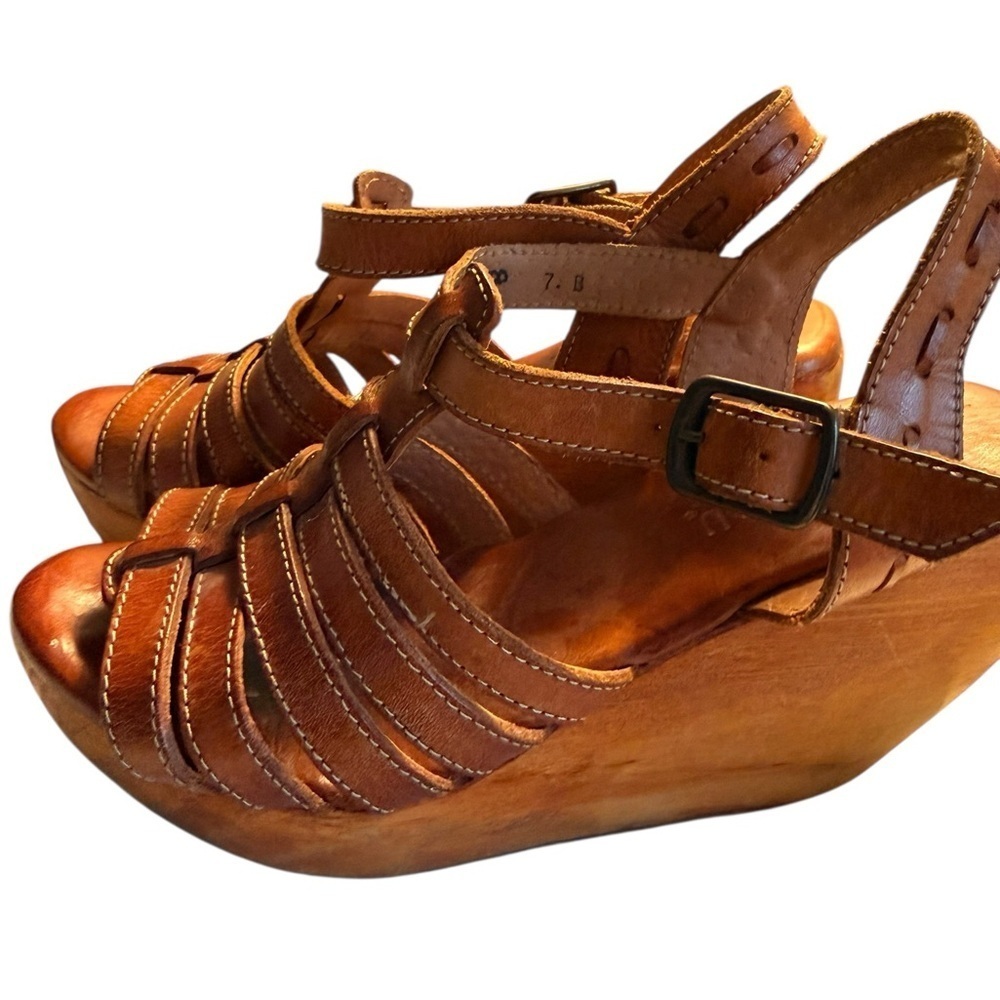 Bed Stu | Woven Leather Sling Back Tan Strappy Wooden Wedge Sandals | Sz 7